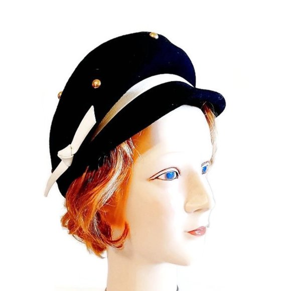 Vintage Accessories - 1960s Vintage Black Mod Cap Hat With A Brim And Metal Studs Swinging Sixties